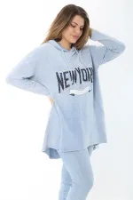 Kadın Büyük Beden Mavi Payet Detaylı Arkası Uzun Kapşonlu Sweatshirt 65N37463