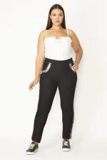 Kadın Siyah Süs Cep Ve Yanları Lak Baskı Beli Lastikli Dalgıç Kumaş Likralı Pantolon 65N27814