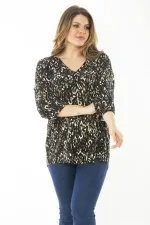 Kadın Büyük Beden Kahve Yaka Pileli Kapri Kollu Bluz 65N37147