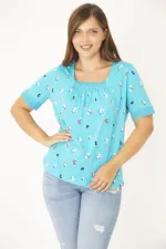 Kadın Lacivert Büyük Beden Pamuk Kumaş Yaka Ve Kolları Dantel Detaylı Bluz