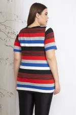 Kadın Büyük Beden Renkli Kısa Kollu Triko Dokuma Çizgili Bluz 65N36838
