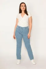 Kadın Büyük Beden Mavi 5 Cepli Çizgili Kot Pantolon 65N36818