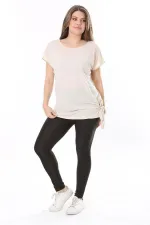 Kadın Büyük Beden Bej Yan Bağlamalı Bisiklet Yakalı Kısa Kollu Bluz 65N37849