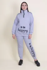 Kadın Gri Pat Fermuar Detaylı Şardonlu Baskılı Eşofman Takım 65N21019