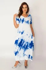 Kadın Saks Batik Desen V Yaka Cepli Elbise 65N33979