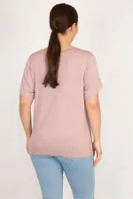 Kadın Pudra Büyük Beden Bisiklet Yaka Peto Cepli Bluz