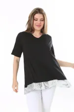 Büyük Beden Siyah Pul Payet Detaylı Bluz