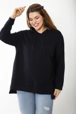 Women's Plus Size Navy Blue Relaxed Cut Side Slit Hooded Sweatshirt 65N37200