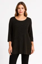 Chemisier noir grande taille pour femme avec détails à paillettes dorées, manches 3/4, 65N39240