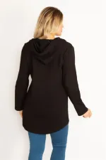 Kadın Siyah Kapşonlu Ön Fermuar Ve Baskı Detaylı Sweatshirt 65N34681