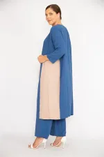 Kadın Büyük Beden İndigo Hırka İç Bluz Ve Pantolon Üçlü Takım