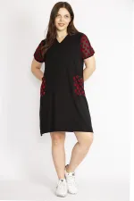 Kadın Siyah Büyük Beden Kol Ve Cepleri Desenli Tül Detaylı V Yakalı Elbise