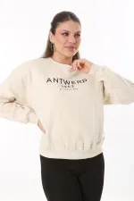 Women's Plus Size Beige Fabric Front Printed Sweatshirt with Raised Interior 65N37719