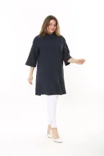 Kadın Büyük Beden Lacivert Dik Yakalı Kendinden Desenli Kapri Kollu Tunik Elbise 65N37518