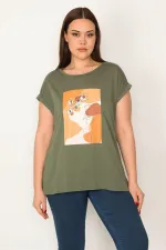 KADIN HAKİ PAMUKLU KUMAŞ DİJİTAL BASKILI KISA KOLLU BLUZ