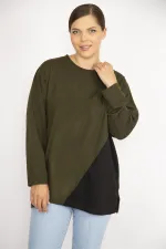Kadın Büyük Beden Haki Renk Kombinli Uzun Kollu Tunik