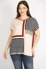 Kadın Renkli Büyük Beden Önü Kazayağı Desenli Bluz