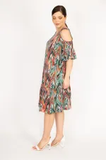 Kadın Fujya Büyük Beden Omuz Dekolteli Dokuma Viskon Kumaş Yan Cepli Elbise