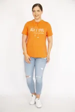 Kadın Oranj Büyük Beden Yakası Kuşgözü Bağcık Ve Taş Detaylı Sweatshirt