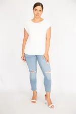 Kadın Kemik Büyük Beden Önü Dantelli Düşük Kollu Bluz