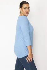 Kadın Mavi Etek Ucu Lastik Detaylı Kapri Kol İnce Çizgili Bluz 65N34394