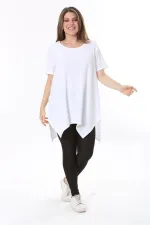 Kadın Büyük Beden Beyaz Bürümcük Kumaş Etek Ucu Kup Detaylı Kısa Kollu Bluz 65N37857