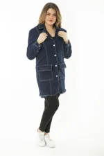 MANTEAU FEMME EN DENIM LYCRA BLEU MARINE AVEC BOUTON ET POCHE DEVANT