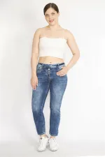 Kadın Lacivert Büyük Beden Nakış Detaylı Yıkama Efektli Likralı Kot Panyolon