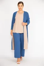 Kadın Büyük Beden İndigo Hırka İç Bluz Ve Pantolon Üçlü Takım