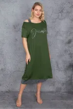 Kadın Haki Sim Detaylı Ön Baskılı Elbise 65N27215