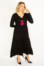 Kadın Fujya Yaka Detaylı Uzun Kollu Katlı Elbise 65N34514