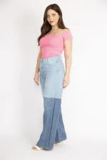 Kadın Mavi Büyük Beden Renk Detaylı Geniş Paça Kot Pantolon