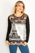 Kadın Siyah Omuz Robası Dantel Taş Ve Baskı Detaylı Tunik 65N34682