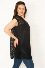 Kadın Siyah Taşlı Broş Düğmeli Dantel Hırka 65N32724