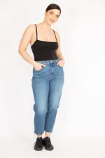 Kadın Mavi Büyük Beden Yıkama Efektli Yüksek Bel Kot Pantolon