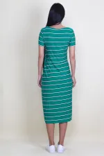 ÇİZGİ KOMBİNLİ BEL DETAYLI ETEK KISMI ANVELOP KESİM ELBİSE