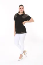 Kadın Büyük Beden Saks Angels Taş Detaylı Kısa Kollu Bluz 65N37675
