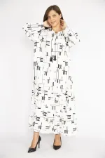 Kadın Beyaz Büyük Beden Dokuma Viskon Kumaş Etek Ucu Katlı Uzun Kollu Elbise