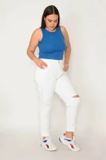 Kadın Büyük Beden Beyaz Yırtık Detaylı Likrasız Kot Pantolon 65N36836