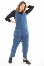 Kadın Büyük Beden Mavi V Yakalı Cepli Kot Tulum 65N37321