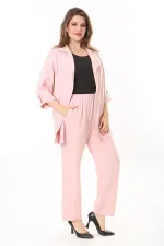 Kadın Büyük Beden Pembe Kol Boy Ayarlı Astarsız Ceket Ve Beli Lastikli Pantolon Takım 65N37779