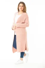 Kadın Büyük Beden Pembe Yırtmaçlı Kalın Triko Uzun Hırka 65N37139