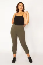 Kadın Haki Pamuklu Kumaş Paçası Büzgü Detaylı Tayt Kapri  65N34125