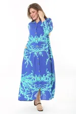 Kadın Büyük Beden Mavi Ön Boy Düğmeli Gömlek Yakalı Uzun Elbise 65N37875