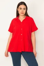 Kadın Kırmızı Apaşe Yaka Ön Düğmeli Kısa Kollu Gömlek 65N31391