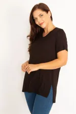 Kadın Siyah V Yaka Yan Yırtmaçlı Bluz 65N34799