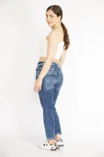 Kadın Lacivert Büyük Beden Nakış Detaylı Yıkama Efektli Likralı Kot Panyolon