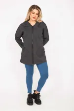 Kadın Antrasit Ön Fermuarlı Cep Ve Kapşonlu Mont 65N35108