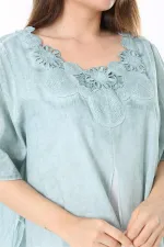 Kadın Büyük Beden Yeşil Yaka Dantelli İki Parça Elbise 65N37784