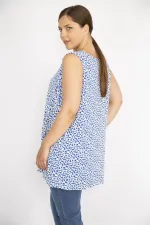 Kadın Mavi Büyük Beden V Yakalı Önü A Pile Çiçek Desenli Bluz